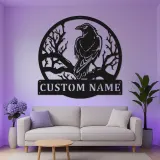 Panneau Métal Corbeau Gothique | Art Mural LED Personnalisé | Plaque de Nom sur Mesure pour Maison & Bureau | Décor Nature Sombre