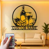 Custom Wine Bottle and Glass Led Light Metal Wall Art Personalized Wine Lover Gift Kitchen or Bar Decor