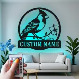 Décoration murale en métal personnalisée avec lumière LED en forme de cardinal - Cadeau pour amoureux de la nature - Décor de salon ou de jardin
