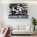 Panneau LED personnalisé pour trike | Plaque de nom de motard avec drapeau américain | Décoration murale en métal pour garage | Cadeau pour homme cave