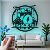 Personalisierte LED-Metall-Wandkunst mit Drumset – Musiker-Geschenk für Musikstudio oder Bandraum