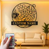 Décoration murale en métal personnalisée Abeille et Rayons de miel avec rétroéclairage pour amoureux de la nature
