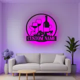 Décoration murale en métal personnalisée avec bouteille de vin et verres en rétroéclairage - Cadeau pour les amateurs de vin, décoration de cuisine ou de bar