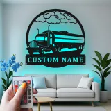 Personalized Trucker LED Sign | Custom Semi Truck Metal Wall Art | Big Rig Silhouette for Man Cave | Gift for Driver