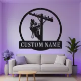Plaque métallique personnalisée pour lineman avec LED | Cadeau personnalisé pour électricien | Décoration murale pour technicien des réseaux | Déco rustique en acier