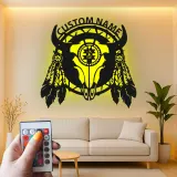 Cartel de metal LED personalizado de cráneo de búfalo, regalo occidental rústico para decoración del hogar en el salón