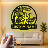 Custom Crane and Pine Led Light Metal Wall Art Personalized Nature Lover Gift Living Room or Garden Decor