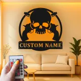 Personalized Skull & Revolvers LED Sign | Custom Metal Name Art for Man Cave | Western Gunslinger Wall Decor for Him