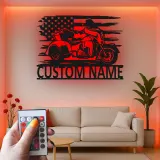 Panneau LED personnalisé pour trike | Plaque de nom de motard avec drapeau américain | Décoration murale en métal pour garage | Cadeau pour homme cave