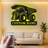 Insegna in metallo LED personalizzata a tema camion ribaltabile per appassionati di costruzione, decorazione per cameretta