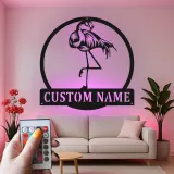 Arte mural de metal LED de flamenco | Cartel tropical personalizado para casa de playa | Decoración de ave Art Deco