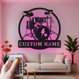 Insegna in metallo LED a forma di set di tamburi personalizzata Regalo per musicisti Decorazione per studio musicale o camera da letto