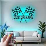 Custom LED Racing Flags Sign | Personalized Metal Garage Decor | Motorsport Wall Art | Premium Racer Gift
