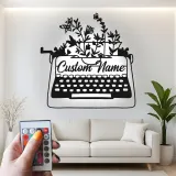 Décoration murale en métal personnalisée avec LED en forme de machine à écrire et fleurs - Cadeau pour écrivain