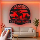 Custom Moose Mountain Scene Led Light Metal Wall Art Personalized Nature Lover Gift Cabin Decor