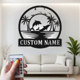 Décoration murale en métal personnalisée avec scène de plage de dauphins et rétroéclairage LED - Cadeau pour amoureux de l'océan - Décor de salon côtier