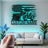 Custom Bulldozer American Flag Led Light Metal Wall Art Construction Gift for Him Garage or Workshop Decor