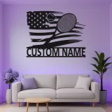 Cartel de nombre de tenis personalizado | Arte mural de metal con bandera americana y LED | Regalo personalizado para jugador de tenis | Decoración deportiva patriótica