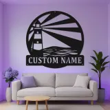 Personalized Lighthouse Metal Wall Art | Custom Name Sign with LED Light | Modern Coastal Decor for Beach House