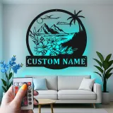 Décoration murale en métal personnalisée avec rétroéclairage LED Paysage Tropical - Cadeau pour Maison de Plage - Décor de Salon Côtier