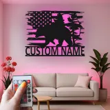 Custom Bear and American Flag Led Light Metal Wall Art Personalized Gift for Nature Lovers Rustic Cabin Decor