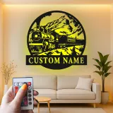 Décoration murale en métal personnalisée de train à vapeur avec rétroéclairage LED - Cadeau pour passionnés de trains, décoration pour salon ou bureau