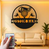 Panneau prénom de golf sur mesure avec lumières LED | Décoration murale en métal personnalisée | Cadeau pour golfeur | Décor man cave et bar sportif
