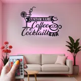 Décoration murale en métal LED personnalisée Café & Cocktails - Cadeau pour bar à domicile, cuisine ou salon