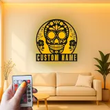 Personalized Sugar Skull Metal Sign | Custom Calavera LED Wall Art | Day of the Dead Decor | Gothic Floral Home Gift