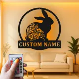 Personalized Rabbit Sign with LED | Custom Floral Bunny Metal Wall Art | Boho Nursery Decor | Unique Easter & Rabbit Lover Gift