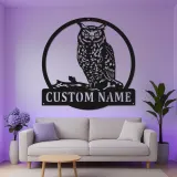 Insegna LED in metallo con gufo reale | Decorazione murale personalizzata per amanti della natura | Arredo rustico da baita