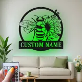Custom Bee and Flower Led Light Metal Wall Art Personalized Garden Lover Gift Outdoor Patio Decor