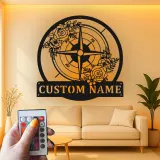 Décoration murale en métal personnalisée avec rétroéclairage LED - Rose des vents - Cadeau de mariage personnalisé - Décor nautique pour salon