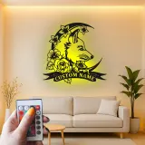 Personalized Fox LED Sign | Custom Metal Wall Art with Floral Moon | Boho Wildlife Decor for Nursery or Office | Hand-Crafted Gift