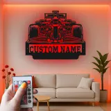 Arte murale in metallo per auto F1 personalizzata con luce LED | Regalo personalizzato per appassionati di motorsport | Arredo garage e man cave