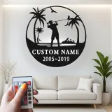 Décoration murale en métal personnalisée pour golfeur avec LED | Déco sur mesure pour club de golf | Panneau gravé avec prénom | Cadeau pour passionné de golf