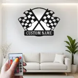 Panneau LED personnalisé drapeaux de course croisés | Décoration murale en métal à damier | Cadeau déco garage personnalisé