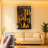 Panneau Militaire Personnalisé | Art en Métal Silhouette de Soldat | Décor LED Drapeau Américain pour Anciens Combattants