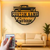 Enseigne LED en métal voiture classique personnalisée | Déco de garage vintage personnalisée | Art mural rétroéclairé pour man cave | Cadeau unique pour passionnés d’auto