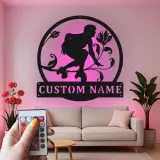 Panneau Personnalisé Roller Skate avec LED | Art Murale Métal Personnalisé pour Chambre d'Adolescent | Décor Fille Skater Floral