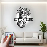 Insegna LED con cavalluccio marino | Insegna in metallo personalizzata con fiori | Decorazione nautica per casa al mare e beach house | Regalo per chi ama l'oceano