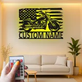 Insegna in metallo personalizzata con bandiera americana e luce LED regalo per motociclisti decorazione per garage