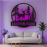 Insegna in metallo LED personalizzata con cervo e foresta, regalo per amanti della natura, decorazione rustica per soggiorno