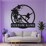 Custom Surfer Metal Wall Art | Personalized LED Beach House Decor | Tropical Wave Silhouette Sign | Gift for Ocean Lovers