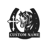 Cartel LED personalizado de caballo y cruz | Decoración mural de metal con herradura a medida | Regalo ecuestre para establo y hogar