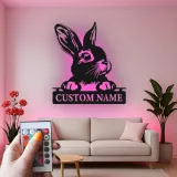 Cartel de metal LED personalizado de conejo, regalo para amantes de conejos, decoración para guardería o habitación infantil 1