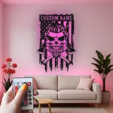 Insegna Personalizzata per Vigile del Fuoco | Arte in Metallo Teschio LED con Bandiera Americana | Regalo con Nome Personalizzato per Vigile del Fuoco | Decorazione Parete Man Cave e Garage