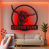 Décoration murale en métal personnalisée avec longhorn et rétroéclairage LED - Cadeau pour rancher, décoration de style western pour la maison