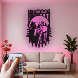 Arte Murale in Metallo Personalizzata con Alce | Insegna Faunistica LED per Decorazione Rustica | Regalo Personalizzato per Cacciatori con Bandiera Americana