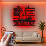 Labrador Hunting Dog Metal Sign | Personalized LED Wall Art | Custom Hunter Gift with American Flag | Patriotic Cabin & Man Cave Decor